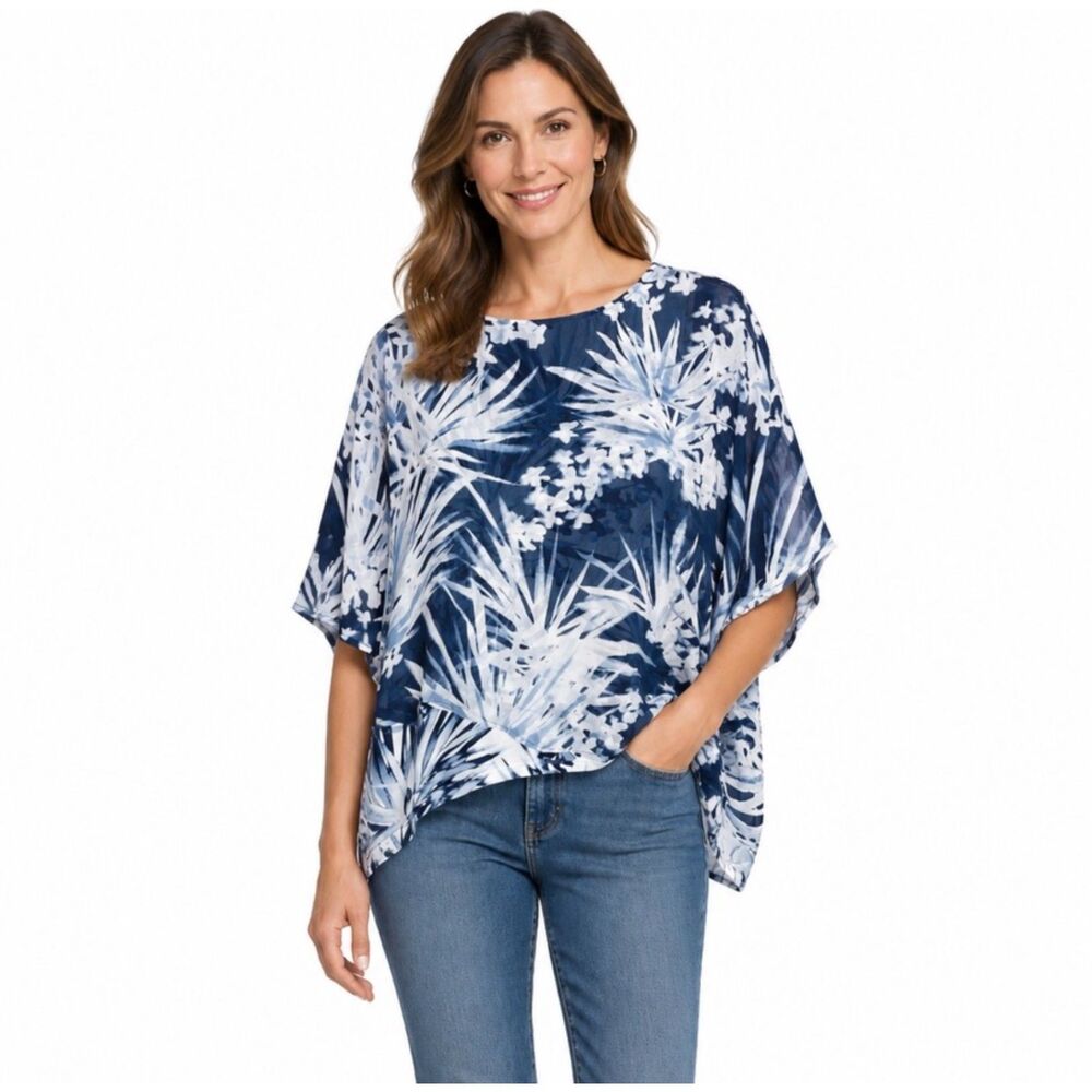 Chico's Easy Wear Womens NWOT Navy Blue Palm Leaf Sheer Poncho Kimono Top Sz XL